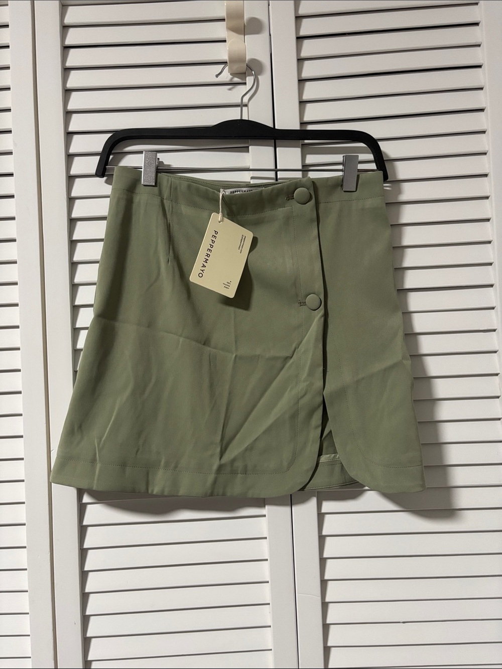 NWT Peppermayo Light Sage Green Button-Front Wrap Mini Skirt